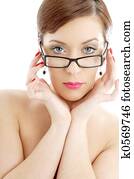 topless lady in black plastic eyeglasses