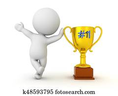 3D Character waving and leaning on golden trophy with number one written on it 3D Character waving and leaning on golden trophy with number one written on it