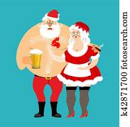 Bad Santa and Mrs. Claus isolated. drunk Christmas family. Woman in red dress and white apron. Cheerful elderly. New Year menage. Mug Beer and cigarette Bad Santa and Mrs. Claus isolated. drunk Christmas family. Woman in red dress and white apron. Cheerful elderly. New Year menage. Mug Beer and cigarette