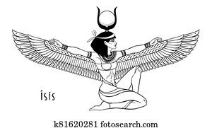 Isis, goddess of life and magic in Egyptian mythology. One of the greatest goddesses of Ancient Egypt, protects women, children, heals sick. Vector isolated illustration. Winged woman.