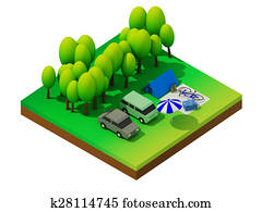 isometric, zalesniť, táborenie