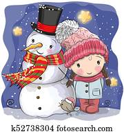 Snowman and Cute Cartoon girl Snowman and Cute Cartoon girl