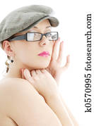 topless lady in black plastic eyeglasses and cap