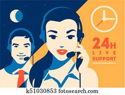 centro de la llamada, operador, con, auriculares, poster., cliente, servicios, y, comunicación, ayuda al cliente, teléfono, assistance.