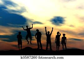 feliz, equipe, -, pôr do sol