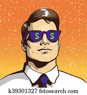Man with sunglasses dollar sign. Vector illustration in retro pop art style. Business success concept Man with sunglasses dollar sign. Vector illustration in retro pop art style. Business success concept