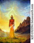 An enchanting mystical priestess with a sword of light in a land An enchanting mystical priestess with a sword of light in a land