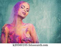 bonito, mulher jovem, com, conceitual, colorido, arte corpo