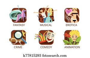 Cinema Genres Set, Crime, Fantasy, Musical, Erotica, Crime, Comedy, Animation, Cinematography, Movie Production Sign Vector Illustration Cinema Genres Set, Crime, Fantasy, Musical, Erotica, Crime, Comedy, Animation, Cinematography, Movie Production Sign Vector Illustration