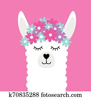 Vector flat cartoon llama face with flowers Vector flat cartoon llama face with flowers