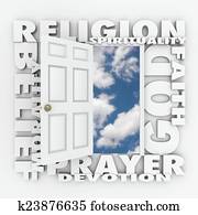 דת, אמונה, אמונה, דלת, לפתוח, ל, עקוב, אלוהים, או, ספיריטואליות