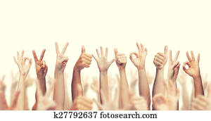 manos humanas, actuación, pulgares arriba, aprobar, y, muestras de la paz