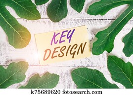 Writing note showing Key Design. Business photo showcasing a necessary or very important realization of a concept or idea Leaves surrounding notepaper above a classic wooden table. Writing note showing Key Design. Business photo showcasing a necessary or very important realization of a concept or idea Leaves surrounding notepaper above a classic wooden table.