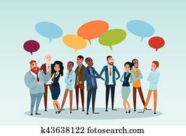 empresarios, grupo, charla, comunicación, burbuja, businesspeople, discutir, social, red