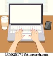 frau, hände, schreibende, laptop