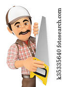 3D Carpenter with saw pointing aside. Blank space 3D Carpenter with saw pointing aside. Blank space