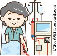 Illustration of a senior woman undergoing hemodialysis Illustration of a senior woman undergoing hemodialysis