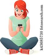 junge frau, kommunizieren, mit, sie, beweglich, telefon., vektor, illustra junge frau, kommunizieren, mit, sie, beweglich, telefon., vektor, illustra