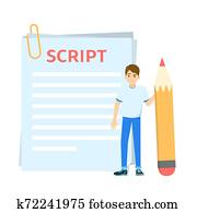 mann, schreibende, drehbuch, für, film, oder, blog., kerl, stehen mann, schreibende, drehbuch, für, film, oder, blog., kerl, stehen