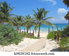 Walk path to a tropical white beach and blue sea, Tulum, Mexico
