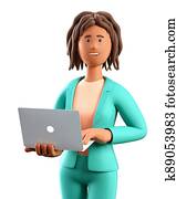 3d, abbildung, von, lächeln, afrikanische amerikanische frau, gebrauchend, laptop., nahaufnahme, porträt, von, karikatur, stehen, elegante, geschäftsfrau, in, grüne klage, mit, edv, freigestellt, auf, white.