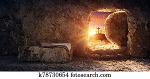 grab, leerer, mit, want, und, kreuzigung, an, sonnenaufgang, auferstehung, von, jesus christus