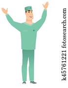 Surgeon standing with raised arms up.