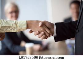 cicatrizarse, de, hombre de negocios, apretón de manos, interno, saludo, con, promoción