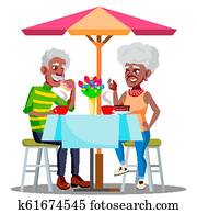 Happy Elderly Couple In Cafe At A Table Drinking Coffee Together Vector. Isolated Illustration