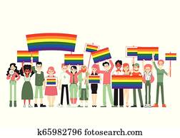 Lgbt and gay parade, protest. People holding rainbow flags, transporants, posters. Lgbt and gay parade, protest. People holding rainbow flags, transporants, posters.