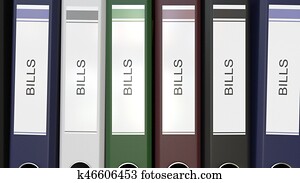 Multiple office folders with Bills text labels 3D rendering