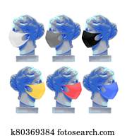 venus, de, milo, cabeza, esculturas, en, el, vista lateral, llevando, máscaras protectoras, en, diferente, colores