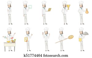 Young caucasian chef vector illustrations set.