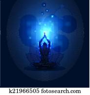 mujer, yoga, y, meditación, hermoso, azul, extracto, plano de fondo