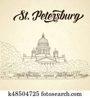 St. Isaac's Cathedral sketching on vintage background. Saint Petersburg, Russia