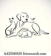 vektor, gesellschaft, von, haustiere, wei?, hintergrund., dog,, cat,, summen, bird,, rabbit, vektor, gesellschaft, von, haustiere, wei?, hintergrund., dog,, cat,, summen, bird,, rabbit,