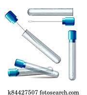 קבע, של, שקוף, פלסטיק, שפופרות, עם, כובע כחול, ו, ספוגיות של כותנה, ב, 3d, מציאותי, וקטור, הפרד, בלבן