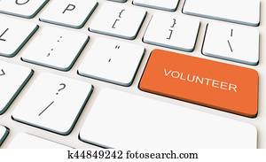 White computer keyboard and orange volunteer key. Conceptual 3D rendering White computer keyboard and orange volunteer key. Conceptual 3D rendering