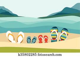 קיץ, החף, עם, צבע, רפרף, flops., משפחה, קיץ, holiday., דירה, עצב, illustration.