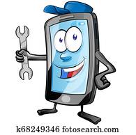 A smartphone mobile repair service or mechanic app cartoon character mascot holding spanner and giving . clip art vector illustration A smartphone mobile repair service or mechanic app cartoon character mascot holding spanner and giving . clip art vector illustration