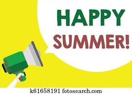 Conceptual hand writing showing Happy Summer. Business photo text Beaches Sunshine Relaxation Warm Sunny Season Solstice Man holding megaphone loudspeaker speech bubble yellow background. Conceptual hand writing showing Happy Summer. Business photo text Beaches Sunshine Relaxation Warm Sunny Season Solstice Man holding megaphone loudspeaker speech bubble yellow background.