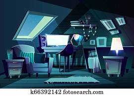girl s room at night. Cartoon garret bedroom girl s room at night. Cartoon garret bedroom