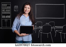 glad, professionell, lärare, stående, in, den, klassrum