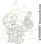 liten pojke, leka, a, hav, sjörövare