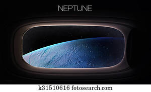 Neptune - Beauty of solar system planet in spaceship window porthole. Elements of this image furnished by NASA