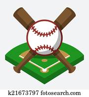 Vector baseball field, ball, and bat composition Vector baseball field, ball, and bat composition