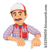 3D Handyman pointing down. Blank space 3D Handyman pointing down. Blank space