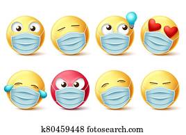 Emoji covid-19 face mask vector set. Emojis and emoticons with facial expressions and face mask Emoji covid-19 face mask vector set. Emojis and emoticons with facial expressions and face mask