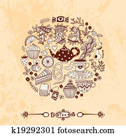 illustration of circle made of sweets. Round shape made of candy, sweets, tea lettering and tea things. Vintage background. Bright summer outlines made from tea things. Let's tea! illustration of circle made of sweets. Round shape made of candy, sweets, tea lettering and tea things. Vintage background. Bright summer outlines made from tea things. Let's tea!