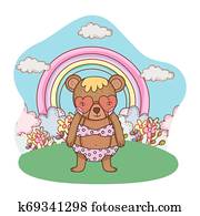 lindo, oso pequeño, con, corazón, gafas de sol, en, el, campo